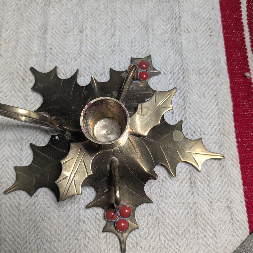 Solid Brass Holly Leaf Candle Holder With Coral Red Stones